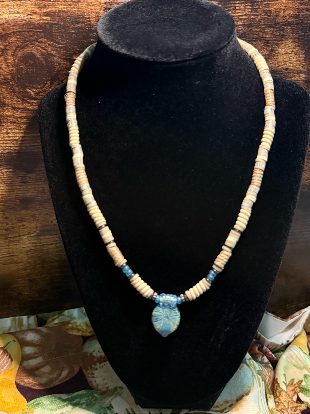 Beige and Blue Beaded Necklace with Blue Leaf Pendant